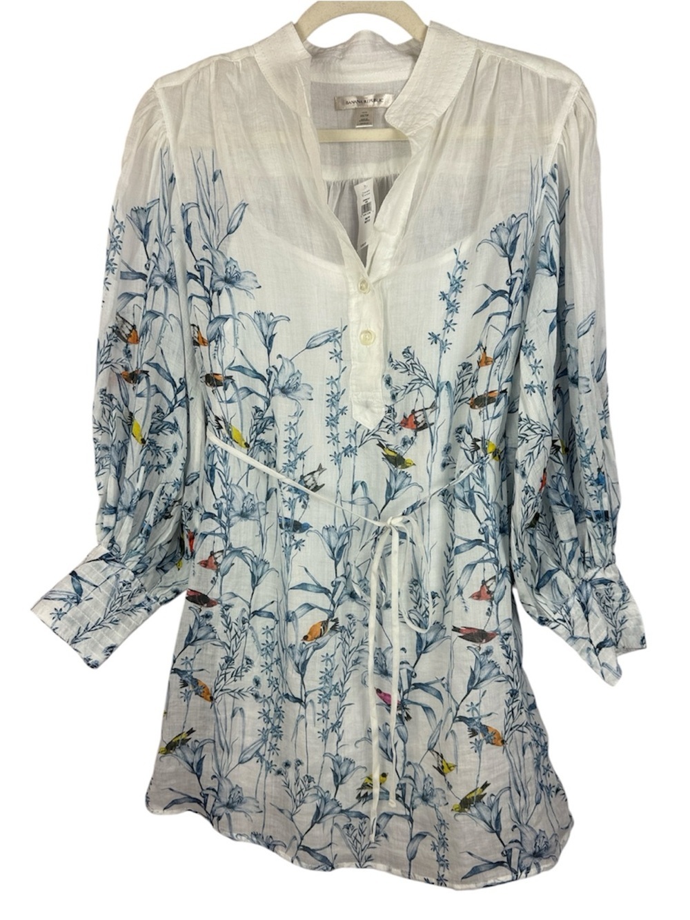 NWT Banana Republic Audra Ramie Bird Print Tunic Mini Dress White Blue XS Petite